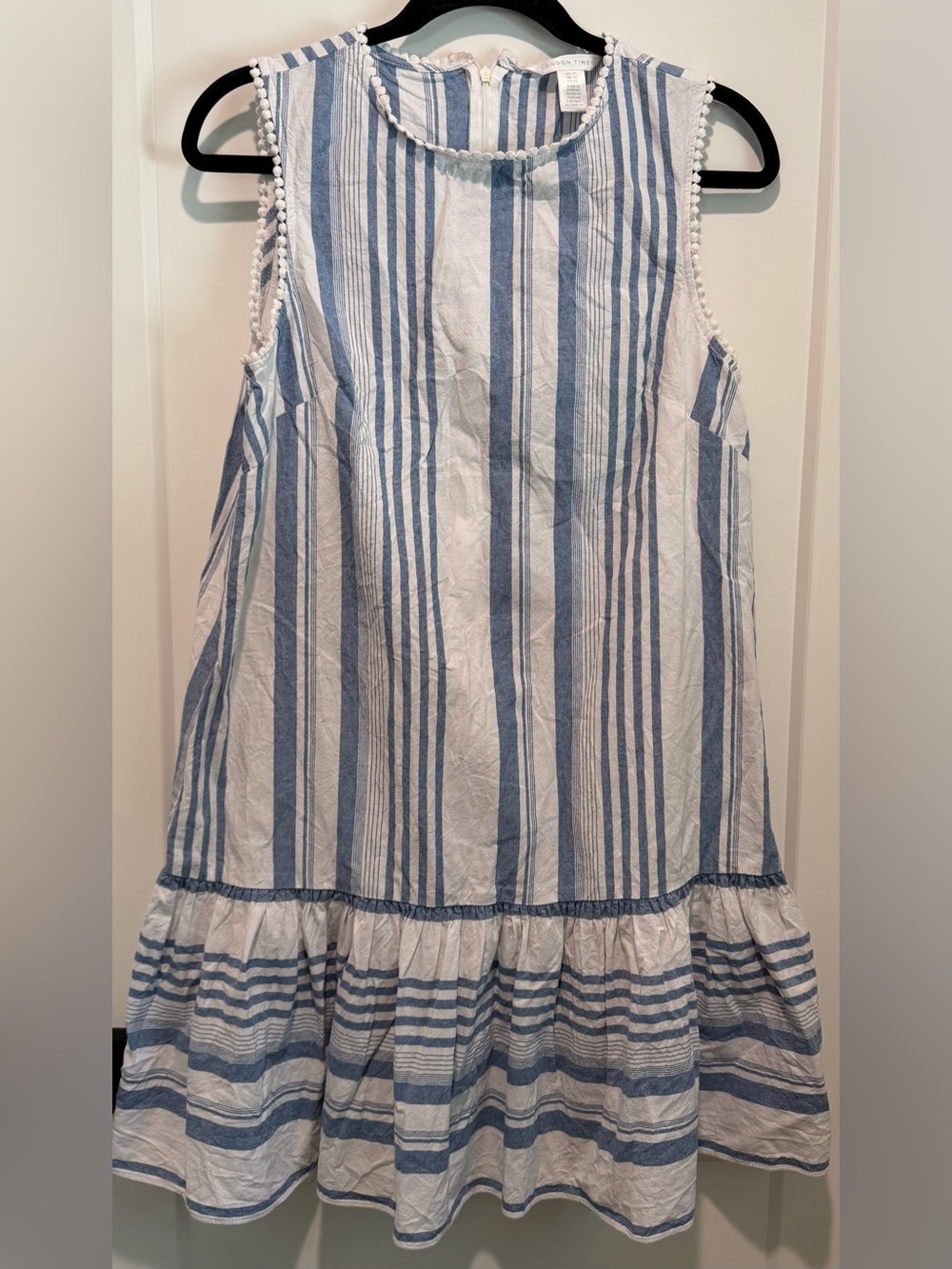London Times Blue White Striped Cotton Mini Dress Pom Pom Coastal Size 10 - Picture 3 of 7